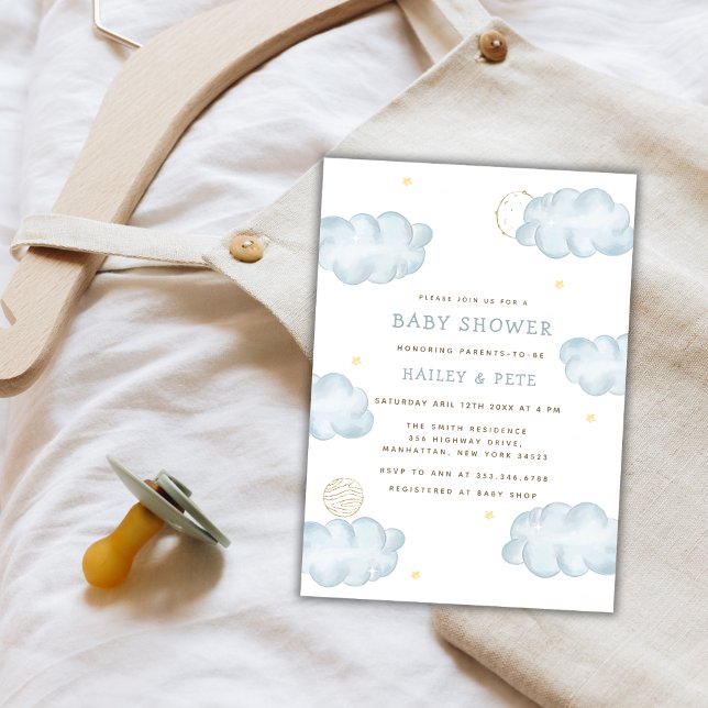 Convite Chá de fraldas de Nuvem da Estrela da Lua Azul (Blue Watercolor Moon Star Cloud Boy Baby Shower Invitation)