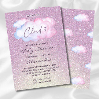 Convite Chá de fraldas de Nuvem de Aquarela Rosa Glitter