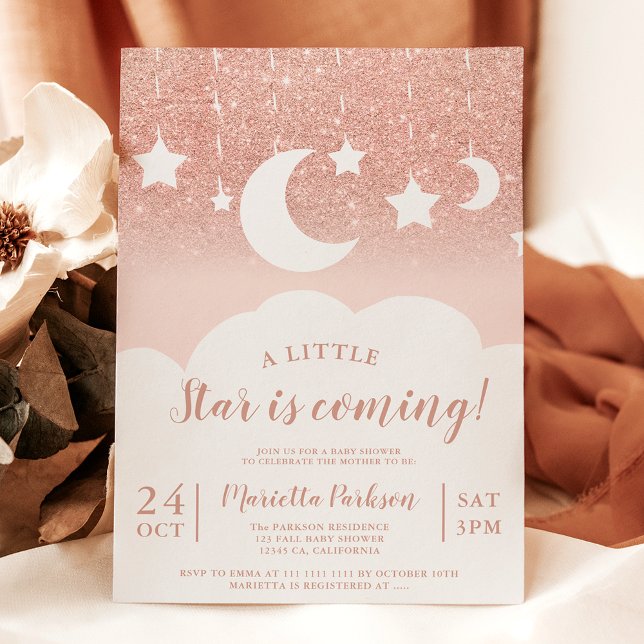 Convite chá de fraldas de nuvem de rosa dourada estrela da (Rose gold glitter star moon cloud baby shower invitation)