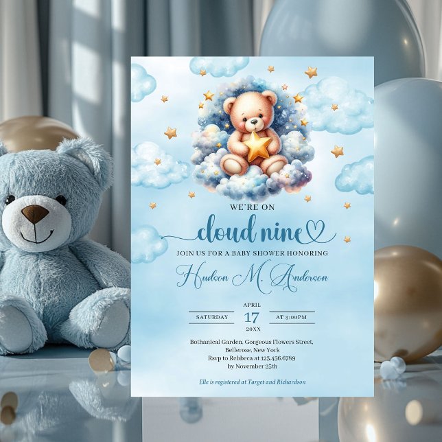 Convite Chá de fraldas de nuvem de ursos de nenhumas aquar (blue and gold we're on cloud nine boy baby shower invitation)