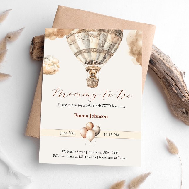 Convite Chá de fraldas de Nuvens de Balões de Ar Quente co (Boho Beige Bear Hot Air Balloon Clouds Baby Shower Invitation)