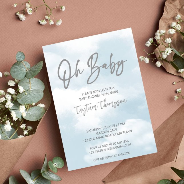 Convite Chá de fraldas de nuvens de chá de fraldas de bebê (Oh baby cloud baby shower pastel grey clouds gender neutral invitation template instant download)
