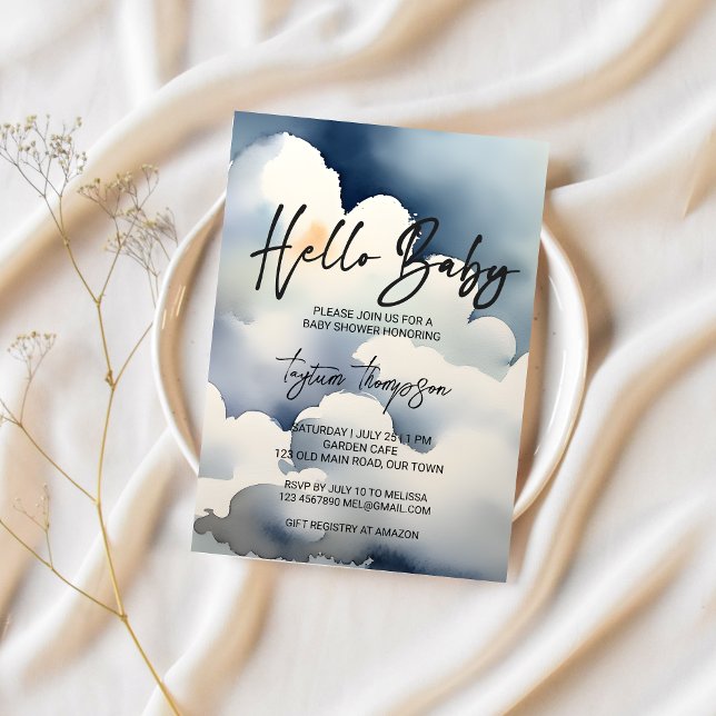 Convite Chá de fraldas de nuvens de cinzas de chá de frald (Cloud baby shower editable template invitation digital download watercolor clouds modern casual font)