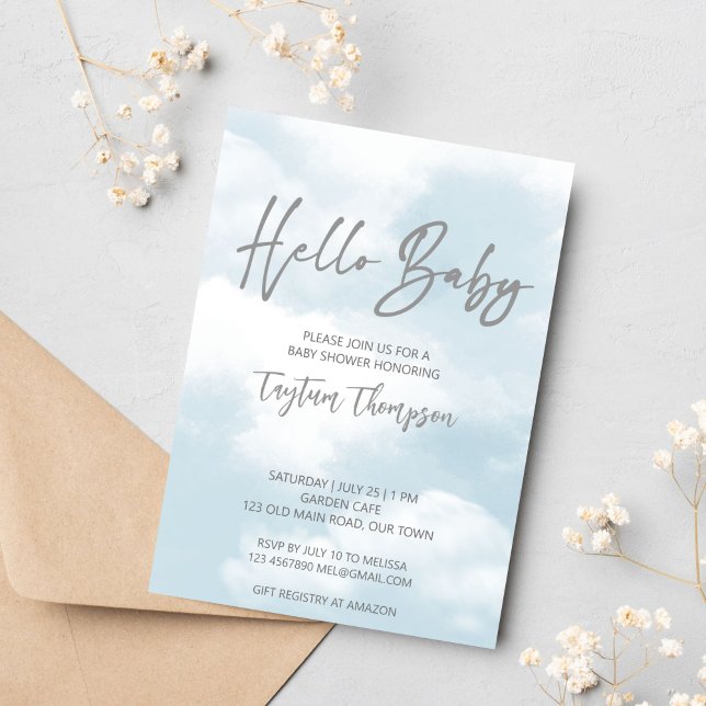 Convite Chá de fraldas de nuvens de cinzas de pastel de ch (Cloud baby shower invitation template instant download pastel grey clouds modern casual script)