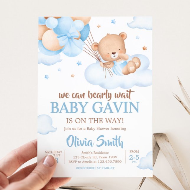 Convite Chá de fraldas de Nuvens de Espera Azul (Blue Bear Clouds Baby Shower  Invitation)
