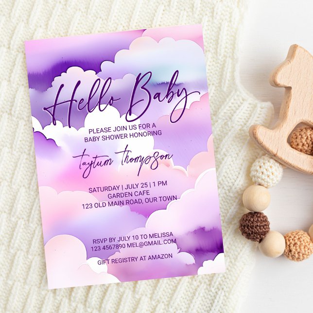 Convite Chá de fraldas de nuvens roxas chás de fraldas (Cloud baby shower purple clouds baby shower editable template invitation digital download hello baby)