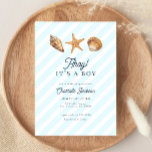 Convite Chá de fraldas de Oceano Azul de Aquarela<br><div class="desc">Ahoy! É um convite para Chás de fraldas de Seashell de Starfish. Um convite à chá de fraldas náutico de cor doce com conchas e estrelas-do-mar. Marinho azul e azul-d'água.</div>