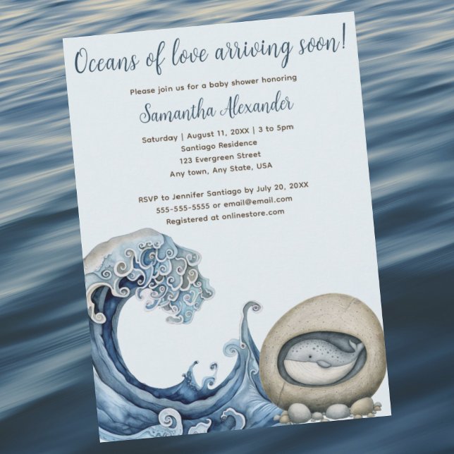 Convite Chá de fraldas de Oceano de Praia (Beach Ocean baby shower invitation. Majestic wave with baby whale peeking from rock. Whimsical.)