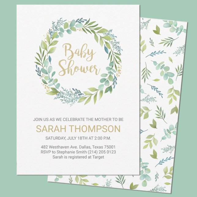 Convite Chá de fraldas de Orçamento Verde Eucalyptus (An elegant eucalyptus greenery baby shower invitation. Personalize it with your party information)