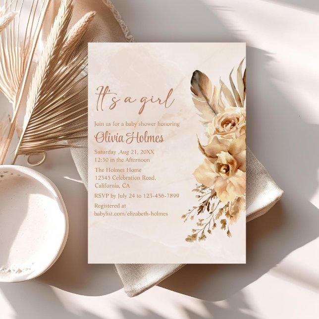 Convite Chá de fraldas de Orquídea de Grass Blush Bohemian (Bohemian Blush Pampas Grass Orchid Baby Shower Invitation on a neutral boho table.)