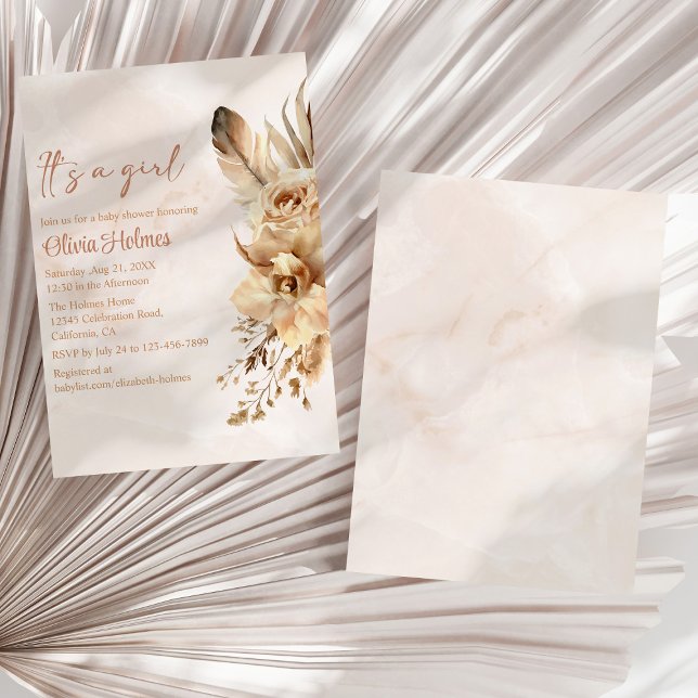 Convite Chá de fraldas de Orquídea de Grass Blush Bohemian (Bohemian Blush Pampas Grass Orchid Baby Shower Invitation on a sunny white dry palm leaf.)