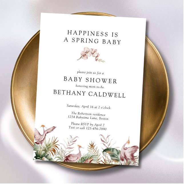 Convite Chá de fraldas de Orquídeas de Primavera de Gruas  (Spring Baby Shower Invitation with Dancing Cranes)