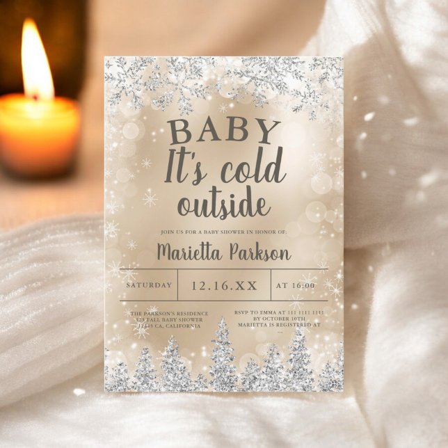 Convite Chá de fraldas de ouro de pinheiro prateado de inv (Winter Christmas silver snow pine gold baby shower Invitation)