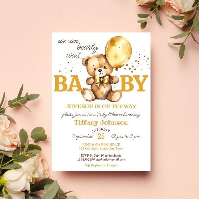 Convite Chá de fraldas de ouro marrom de ursinho (Bearly wait teddy bear baby shower template invitation digital download gold brown balloons teddy )