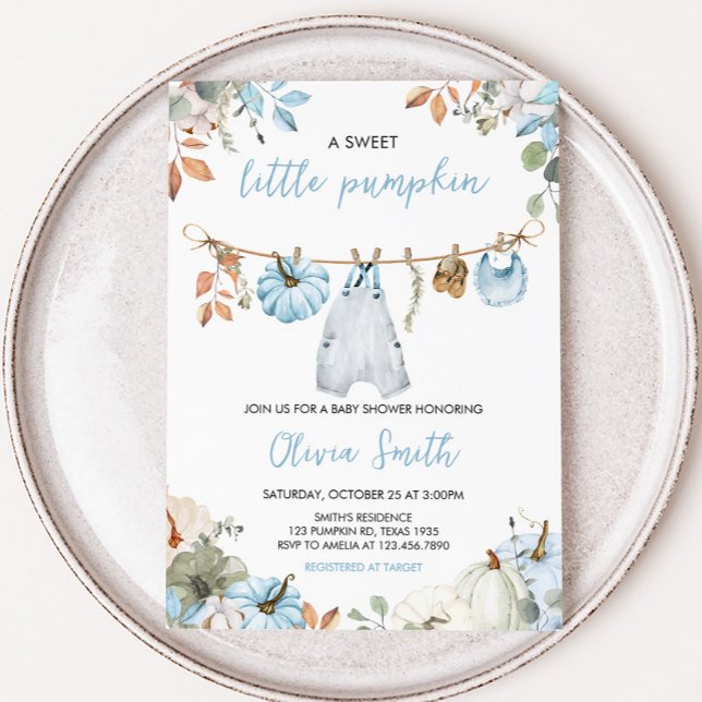 Convite Chá de fraldas de outono de Abóbora Azul (Blue Little Pumpkin Fall Clothesline Baby Shower Invitation)