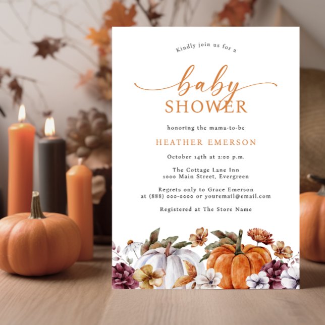 Convite Chá de fraldas de Outono Laranja (Fall Burnt Orange Baby Shower Invitation Autumn White Pumpkins Watercolor Burgundy Florals)