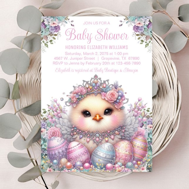 Convite Chá de fraldas de Ovos de Páscoa de Pintinho Doce (Sweet baby chick with pretty pastel jewels & eggs. )