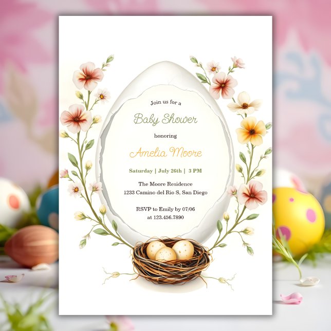 Convite Chá de fraldas de Ovos Floral (Personalized Baby Shower Invitation Floral Easter Egg Theme)
