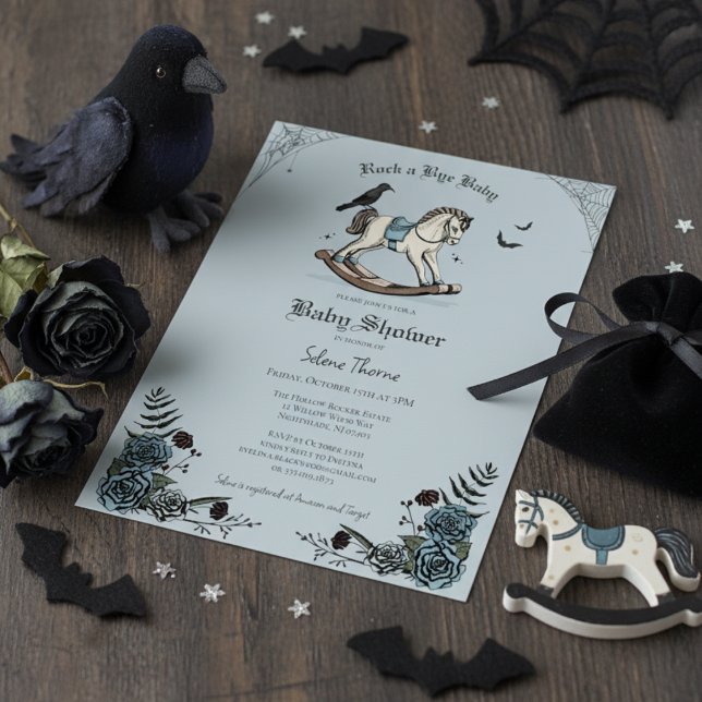 Convite Chá de fraldas de Padrão de Cavalo Rochoso Azul Gó (Gothic Baby Shower Invitations. Elegant Blue Floral Spooky Rocking Horse Illustration for Halloween )