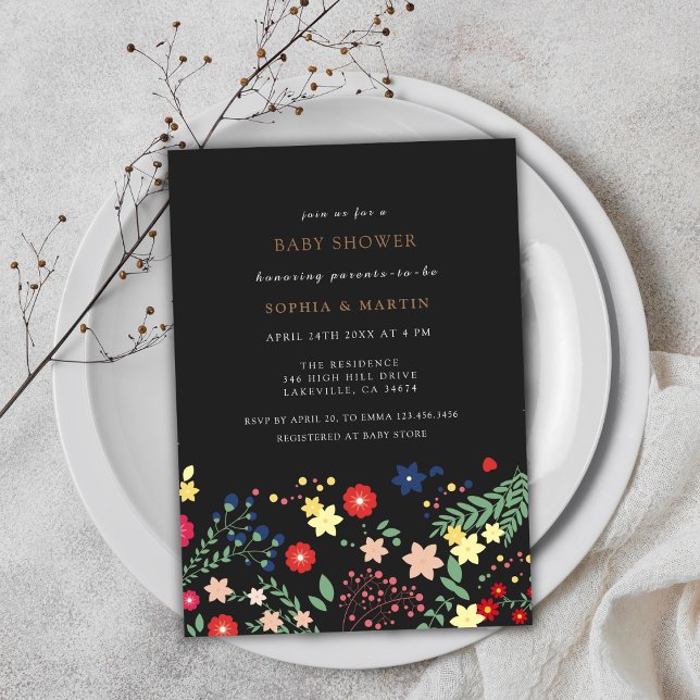 Convite Chá de fraldas de Padrão de Flor Selvagem Preto (Black Elegant Wildflower Pattern Baby Shower Invitation)