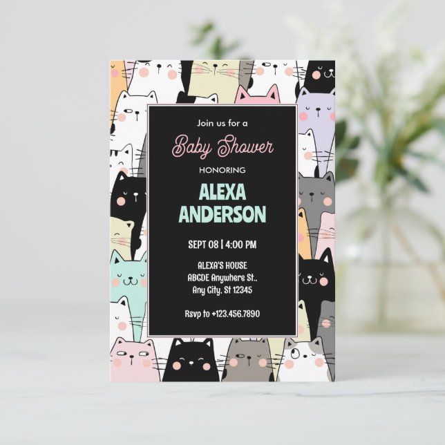 Convite Chá de fraldas de padrão de gato engraçado (Em pé/Frente)