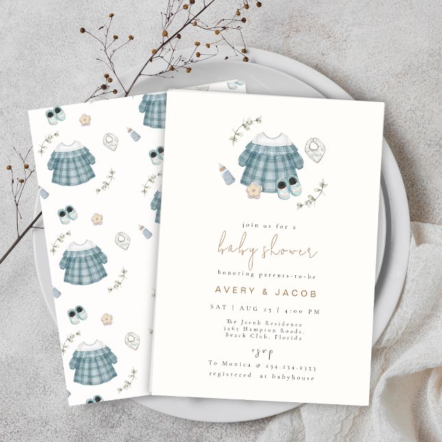 Convite Chá de fraldas de padrão mínimo de roupas modernas (Minimal Modern Boho Clothes Pattern Baby Shower Invitation)