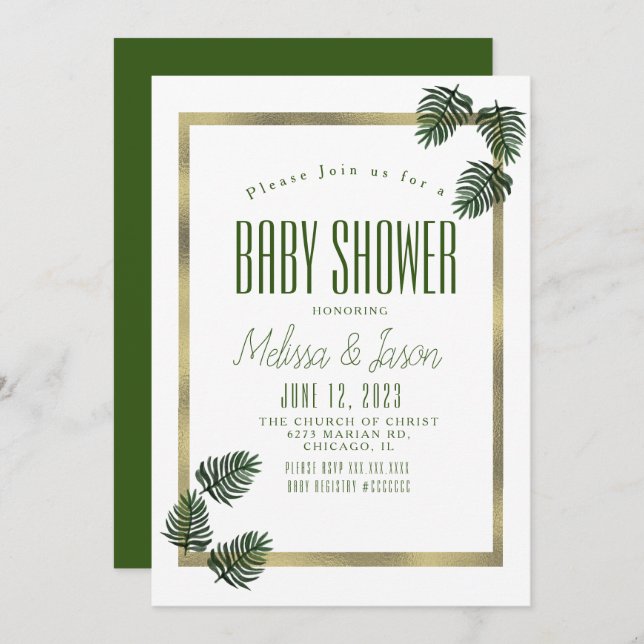 Convite Chá de fraldas de Palma de Folha Botânica Tropical (Frente/Verso)