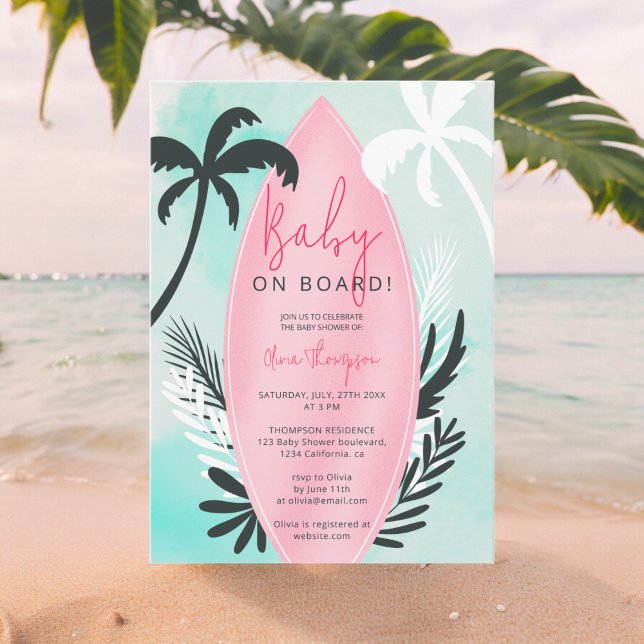 Convite Chá de fraldas de palmeiras de praia tropical (Tropical beach surfboard palm tree Baby Shower Invitation)