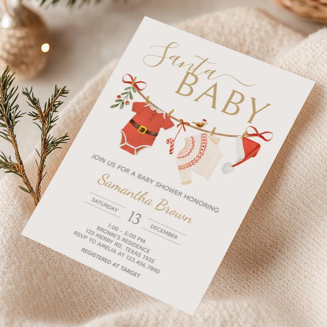 Convite Chá de fraldas de Papais noeis de Natal (Santa Baby Clothesline Christmas Baby Shower Invitation)