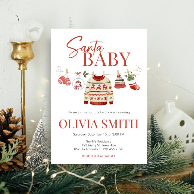 Convite Chá de fraldas de Papais noeis de Natal (Christmas Santa Baby Clothesline Baby Shower Invitation)
