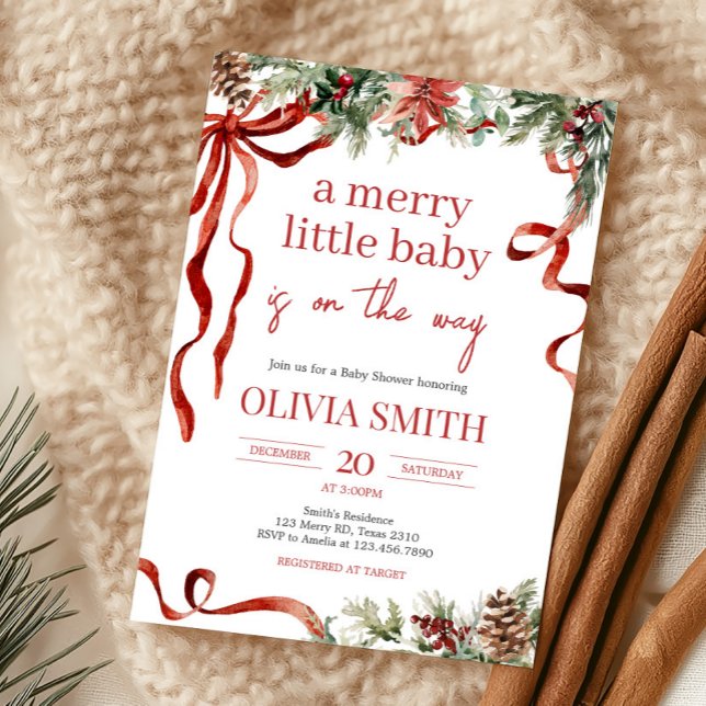 Convite Chá de fraldas de Papais noeis de Natal feliz (Red Bow Merry Little Christmas Baby Shower Invitation)