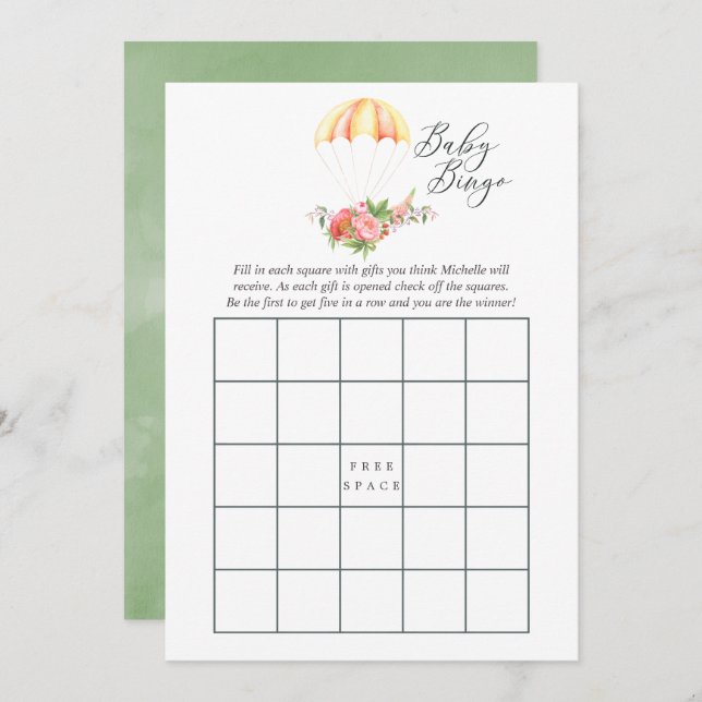 Convite Chá de fraldas de Paraquedas de Buquê Floral Bingo (Frente/Verso)