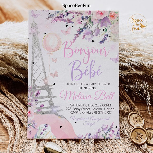 Convite Chá de fraldas de Paris - Bonjour Bebe rosa (Paris Baby Shower Invitation Bonjour Bebe Baby Shower Editable Paris Baby Shower Theme Pink purple)
