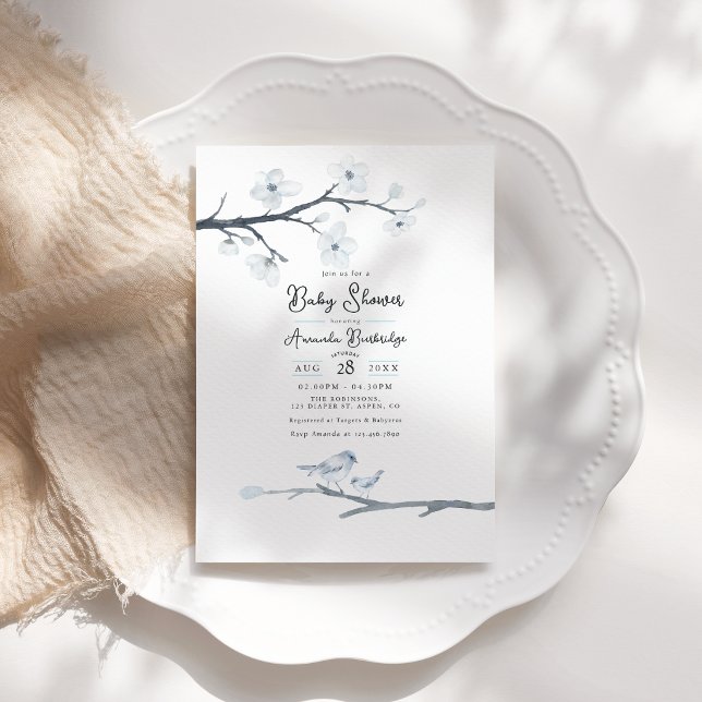 Convite Chá de fraldas de pássaro azul Elegante e flor de  (Elegant Blue Bird and Cherry Blossom Baby Shower Invitation)