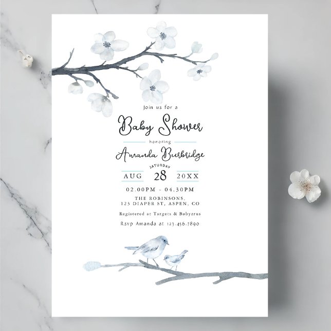 Convite Chá de fraldas de pássaro azul Elegante e flor de  (Elegant Blue Bird and Cherry Blossom Baby Shower Invitation)