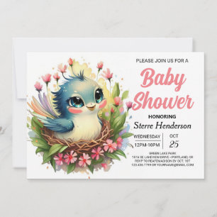 Convite Chá de fraldas de pássaro cor-de-rosa com pasta