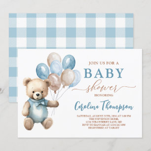 Convite Chá de fraldas de Pastas Xadrezes Azul do Urso Ted