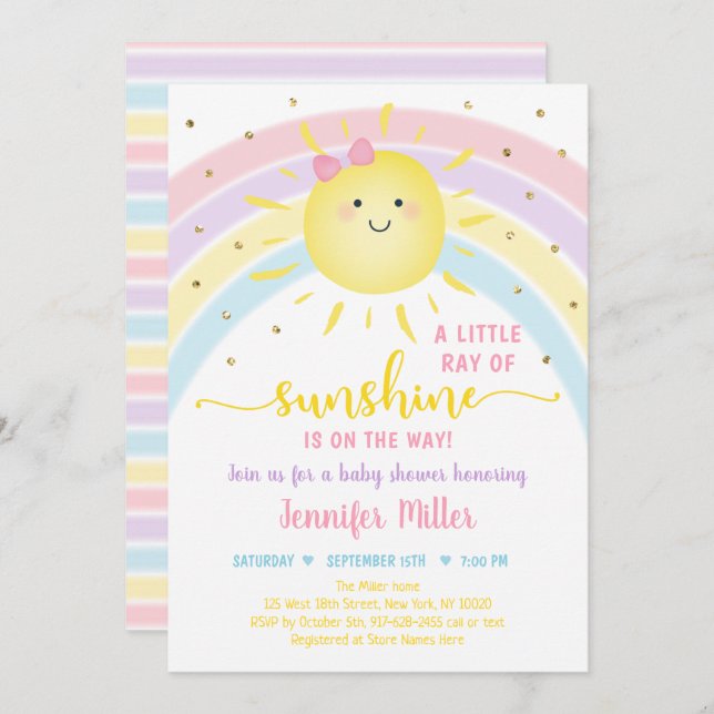 Convite Chá de fraldas de Pastel Dourado, Rosa e Brilhante (Frente/Verso)