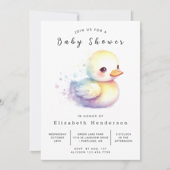 Convite Chá de fraldas de Pato Imprimível de Watercolor (Frente)