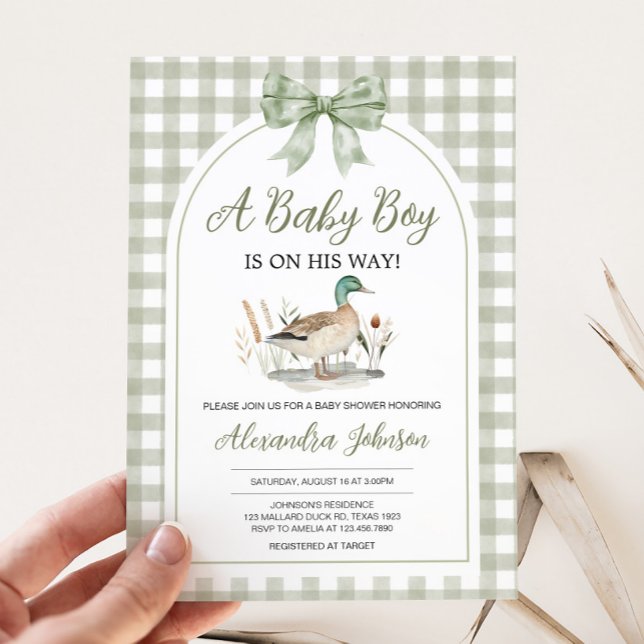 Convite Chá de fraldas de Pato Verde da Gingham Sage (Sage Green Gingham Mallard Duck Hunting Country Baby Shower Invitation)