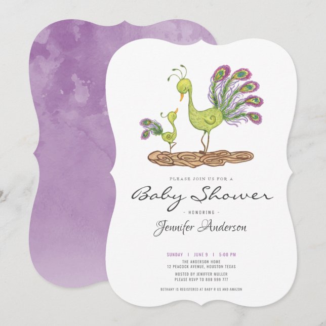 Convite Chá de fraldas de pavão de aquarela (Frente/Verso)