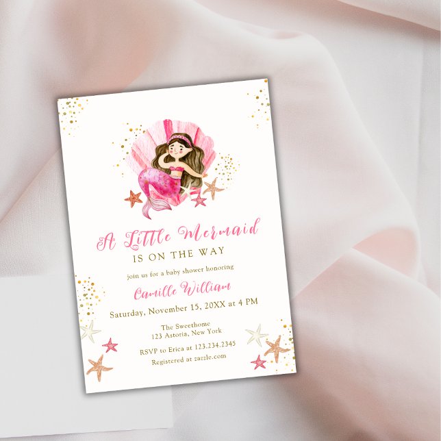 Convite Chá de fraldas de peixe-espada do Oceano Antártico (Pink Mermaid Ocean Starfish Baby Shower Invitation)