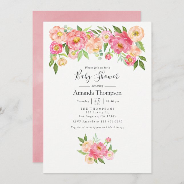 Convite Chá de fraldas de Peões de Aquarela Rosa Pastel (Frente/Verso)