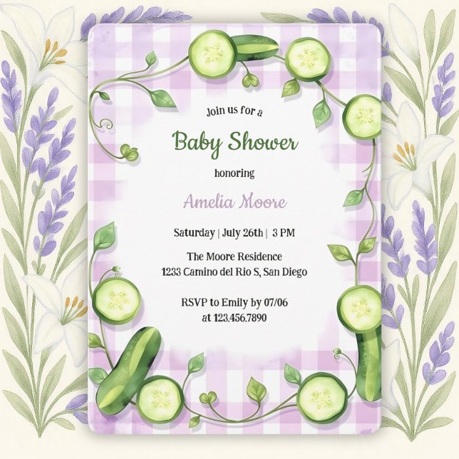 Convite Chá de fraldas de pepino fresco do jardim do cúmul (Garden Cucumber Baby Shower Invitation – Whimsical & Fresh Design)