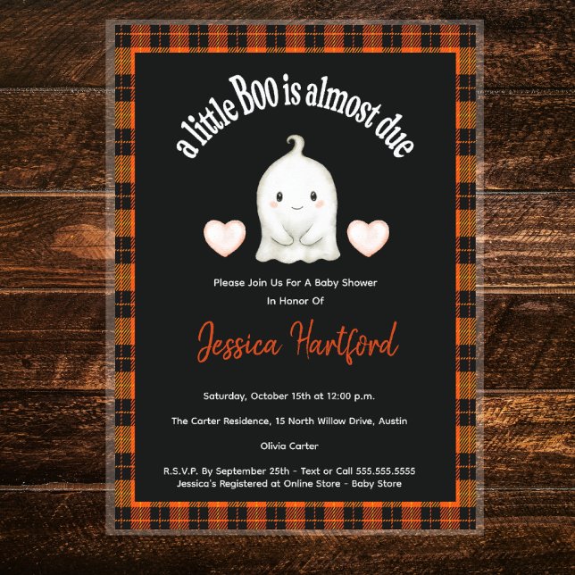 Convite Chá de fraldas de Pequeno Boo de Abóbora (Halloween Baby Shower - Little Boo with love hearts and orange black plaid border. Super cute!)