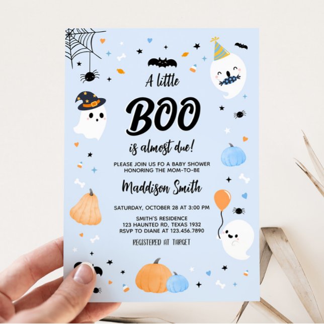 Convite Chá de fraldas de Pequeno Boo do Dia das Bruxas Az (Halloween Boy Ghost Baby Shower Invitation)