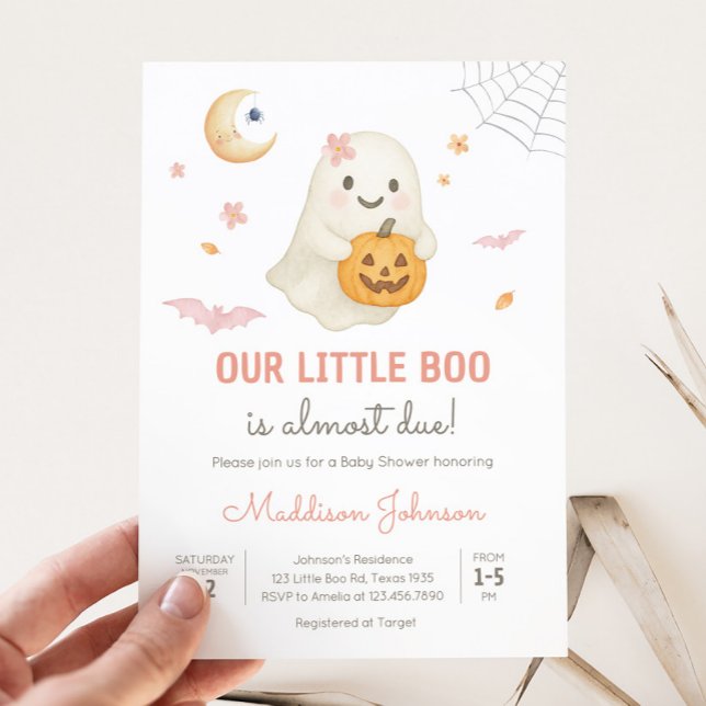 Convite Chá de fraldas de Pequeno Boo do Dia das Bruxas Ro (Pink Little Boo Halloween Baby Shower Invitation)