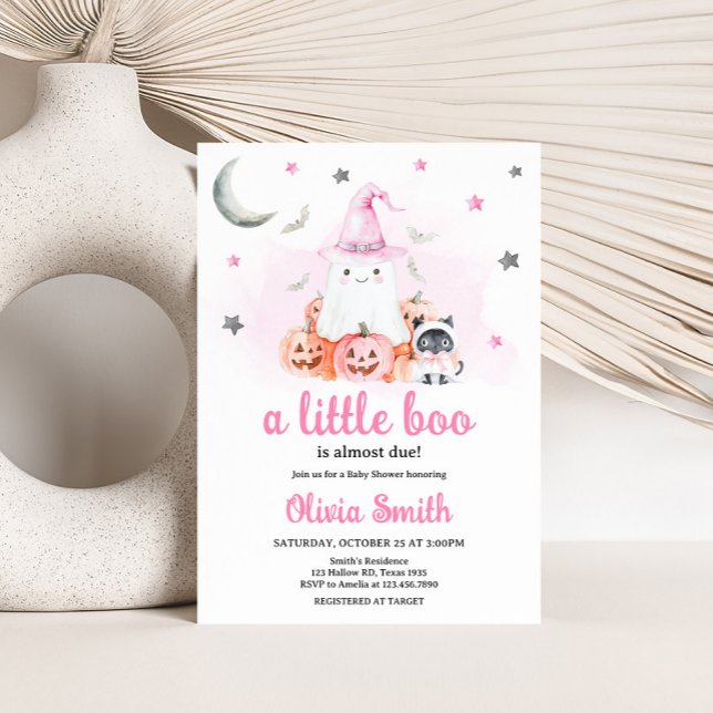 Convite Chá de fraldas de Pequeno Boo do Dia das Bruxas Ro (Girl Halloween Little Boo Baby Shower Invitation)