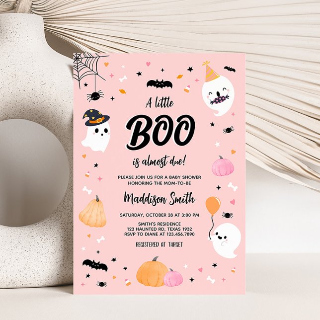 Convite Chá de fraldas de Pequeno Boo do Dia das Bruxas Ro (Girl Ghost Baby Shower Invitation)