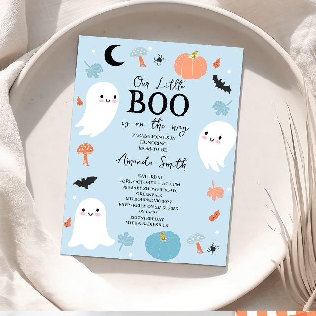 Convite Chá de fraldas de Pequeno Boo do Halloween Azul Mo (Blue Halloween Baby Shower Invitation, Our Little Boo baby Shower Invitation, Ghosts October Baby )